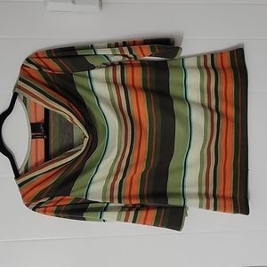 New Directions small horizontal striped rust, orange, green blouse. 3/4 sleeve
